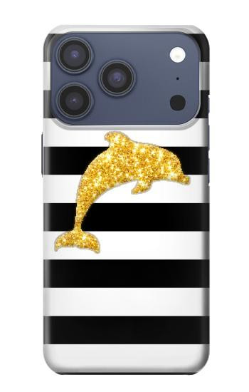 S2882 黒と白のストライプ ゴールドドルフィン Black and White Striped Gold Dolphin iPhone 17 Pro バックケース、フリップケース・カバー