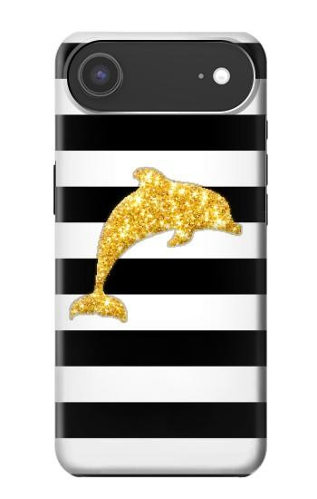 S2882 黒と白のストライプ ゴールドドルフィン Black and White Striped Gold Dolphin iPhone Air バックケース、フリップケース・カバー