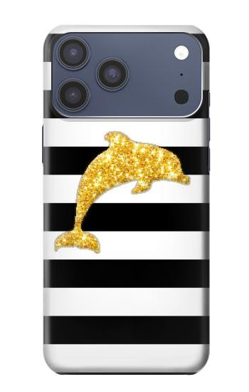 S2882 黒と白のストライプ ゴールドドルフィン Black and White Striped Gold Dolphin iPhone 17 Pro Max バックケース、フリップケース・カバー
