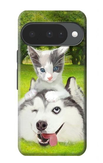 S3795 不機嫌子猫遊び心シベリアンハスキー犬ペイント Kitten Cat Playful Siberian Husky Dog Paint Google Pixel 10, 10 Pro バックケース、フリップケース・カバー