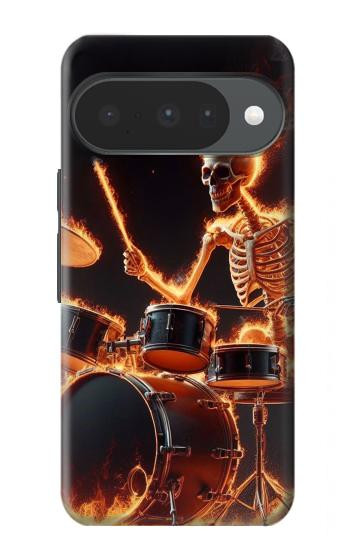 S3985 火の頭蓋骨のドラマー Fire Skull Drummer Google Pixel 10, 10 Pro バックケース、フリップケース・カバー