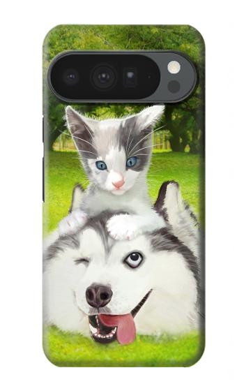 S3795 不機嫌子猫遊び心シベリアンハスキー犬ペイント Kitten Cat Playful Siberian Husky Dog Paint Google Pixel 10 Pro XL バックケース、フリップケース・カバー