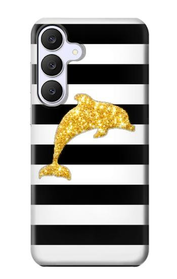 S2882 黒と白のストライプ ゴールドドルフィン Black and White Striped Gold Dolphin Samsung Galaxy S25 FE バックケース、フリップケース・カバー