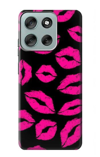S2933 ピンクの唇のキス Pink Lips Kisses on Black Motorola Moto G56 バックケース、フリップケース・カバー