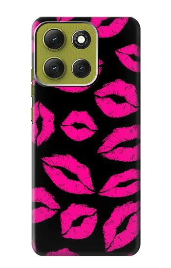 S2933 ピンクの唇のキス Pink Lips Kisses on Black Motorola Moto G86 バックケース、フリップケース・カバー