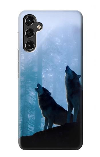 S4053 遠吠えする2匹のオオカミのカップル Two Wolves Couple Howling Forest Samsung Galaxy A14 5G バックケース、フリップケース・カバー