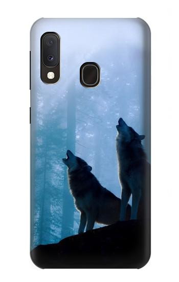 S4053 遠吠えする2匹のオオカミのカップル Two Wolves Couple Howling Forest Samsung Galaxy A20e バックケース、フリップケース・カバー