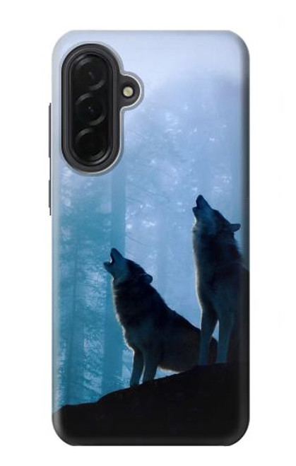 S4053 遠吠えする2匹のオオカミのカップル Two Wolves Couple Howling Forest Samsung Galaxy A36 バックケース、フリップケース・カバー