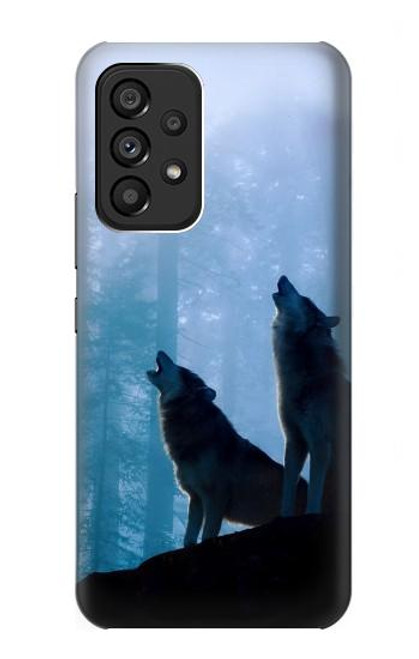 S4053 遠吠えする2匹のオオカミのカップル Two Wolves Couple Howling Forest Samsung Galaxy A53 5G バックケース、フリップケース・カバー