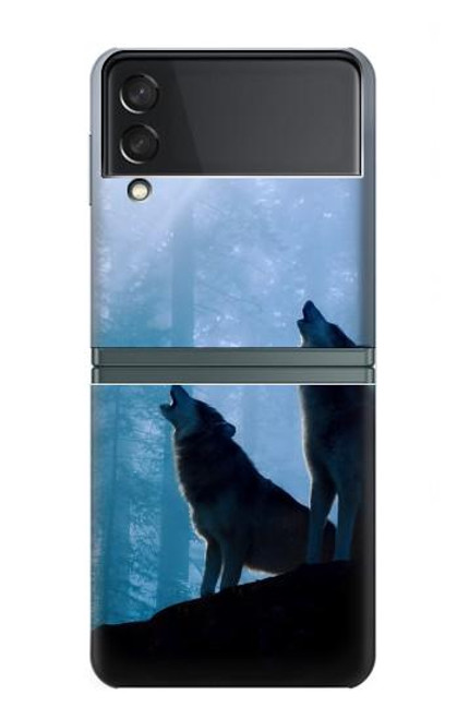 S4053 遠吠えする2匹のオオカミのカップル Two Wolves Couple Howling Forest Samsung Galaxy Z Flip 3 5G バックケース、フリップケース・カバー