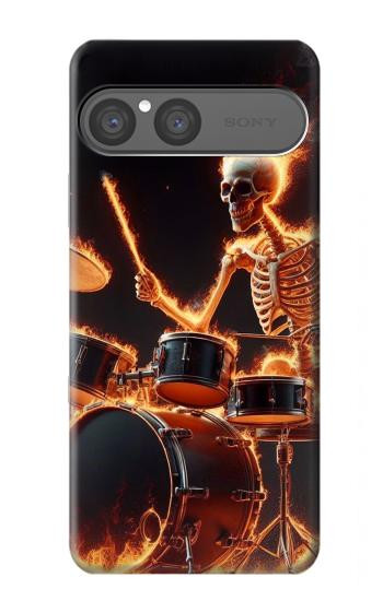 S3985 火の頭蓋骨のドラマー Fire Skull Drummer Sony Xperia 10 VII バックケース、フリップケース・カバー