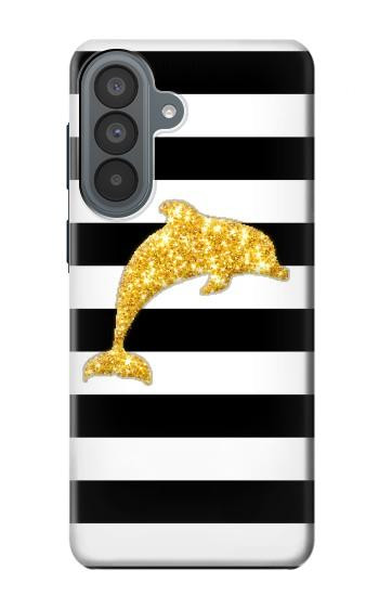 S2882 黒と白のストライプ ゴールドドルフィン Black and White Striped Gold Dolphin Samsung Galaxy A37 バックケース、フリップケース・カバー