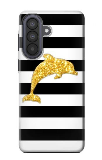 S2882 黒と白のストライプ ゴールドドルフィン Black and White Striped Gold Dolphin Samsung Galaxy A57 バックケース、フリップケース・カバー