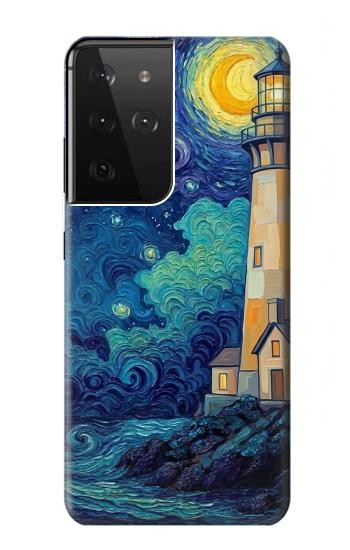 S4092 月夜の灯台風景 Moonlit Lighthouse Coastal Painting Samsung Galaxy S21 Ultra 5G バックケース、フリップケース・カバー
