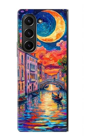 S4083 月夜のベネチア風景 Colorful Painting Moonlit Venice City Samsung Galaxy Z Fold 5 バックケース、フリップケース・カバー