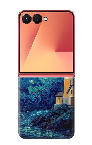 S4092 月夜の灯台風景 Moonlit Lighthouse Coastal Painting Samsung Galaxy Z Flip 7 バックケース、フリップケース・カバー