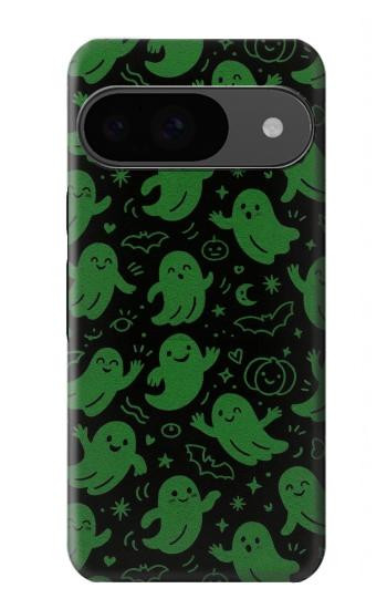 S4087 かわいいおばけ柄 Cute Green Ghost Cartoon Pattern Google Pixel 9 バックケース、フリップケース・カバー