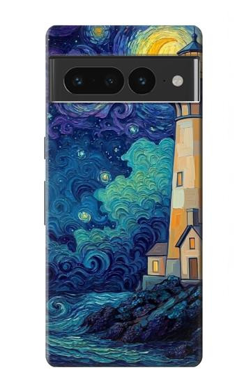 S4092 月夜の灯台風景 Moonlit Lighthouse Coastal Painting Google Pixel 7 Pro バックケース、フリップケース・カバー