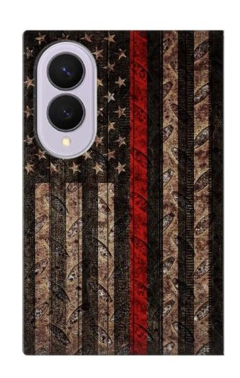 S3804 消防士メタルレッドラインフラググラフィック Fire Fighter Metal Red Line Flag Graphic Samsung Galaxy Z Fold 8 バックケース、フリップケース・カバー