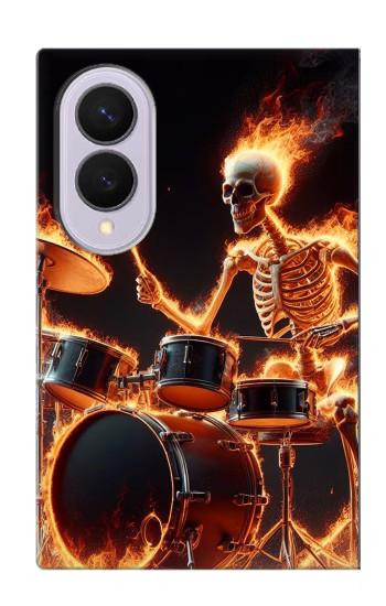 S3985 火の頭蓋骨のドラマー Fire Skull Drummer Samsung Galaxy Z Fold 8 バックケース、フリップケース・カバー