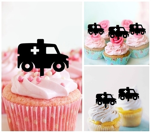 TA1063 救急車 Ambulance Emergency First Aid アクリル製 カップケーキトッパー ケーキトッパー ケーキスティック 結婚式　誕生日　パーティー　装飾用品　アクセサリー　10本