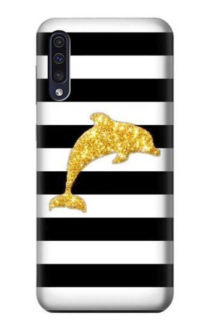 S2882 黒と白のストライプ ゴールドドルフィン Black and White Striped Gold Dolphin Samsung Galaxy A50 バックケース、フリップケース・カバー