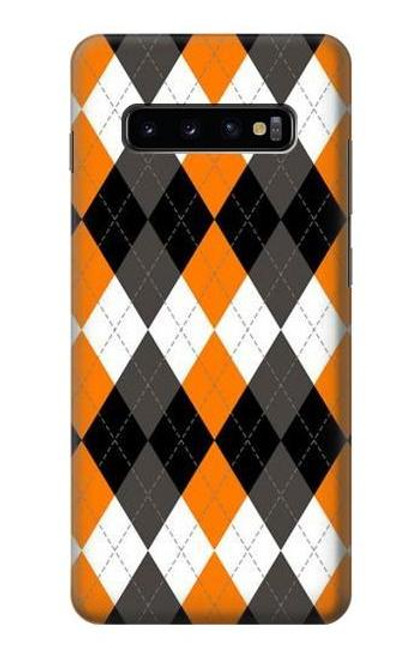 S3421 黒 オレンジ 白 アーガイルプラッド Black Orange White Argyle Plaid Samsung Galaxy S10 Plus バックケース、フリップケース・カバー