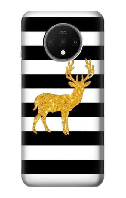 S2794 黒と白のストライプ 金の鹿 Black and White Striped Deer Gold Sparkles OnePlus 7T バックケース、フリップケース・カバー