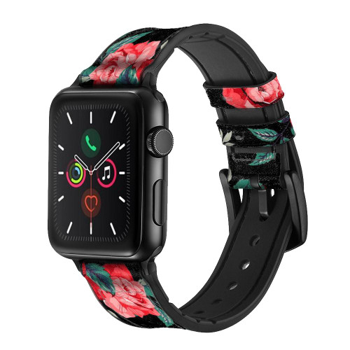 CA0580 黒バラ パターン Rose Floral Pattern Black レザーシリコンApple Watchバンド アップルウォッチ バンド