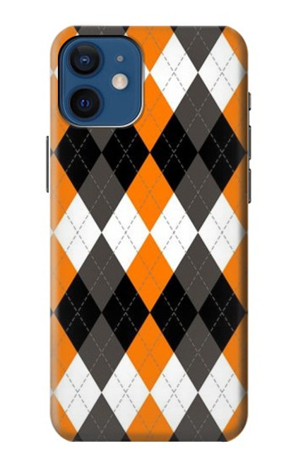 S3421 黒 オレンジ 白 アーガイルプラッド Black Orange White Argyle Plaid iPhone 12 mini バックケース、フリップケース・カバー