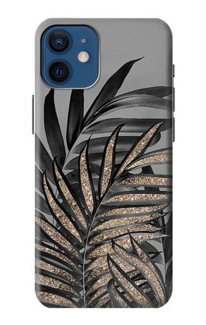 S3692 灰色の黒いヤシの葉 Gray Black Palm Leaves iPhone 12 mini バックケース、フリップケース・カバー