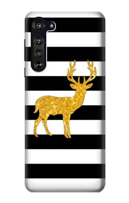 S2794 黒と白のストライプ 金の鹿 Black and White Striped Deer Gold Sparkles Motorola Edge バックケース、フリップケース・カバー