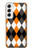 S3421 黒 オレンジ 白 アーガイルプラッド Black Orange White Argyle Plaid Samsung Galaxy S22 バックケース、フリップケース・カバー