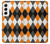 S3421 黒 オレンジ 白 アーガイルプラッド Black Orange White Argyle Plaid Samsung Galaxy S22 バックケース、フリップケース・カバー