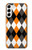 S3421 黒 オレンジ 白 アーガイルプラッド Black Orange White Argyle Plaid Samsung Galaxy S23 Plus バックケース、フリップケース・カバー