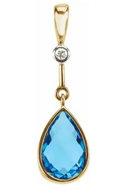 14kyg bezel set 9x6mm pear Blue Topaz/0.015ct diamond pendant