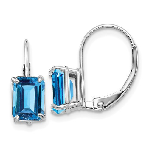 14kwg emerald cut blue topaz 2.6cttw leverback earrings
