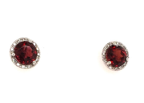 14 karat white gold round garnet earrings.