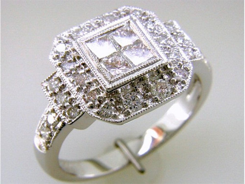 Custom design square cluster top round accent diamond ring