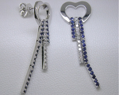 Custom design sapphire/diamond triple stick drop heart earrings