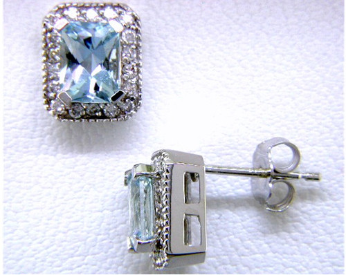 Custom design emerald cut Aqua/diamond halo stud earrings