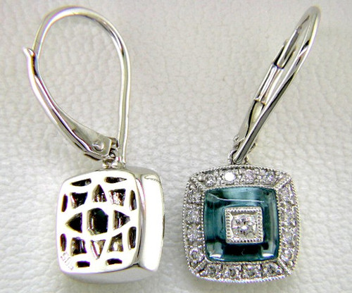 Custom design square dangle blue topaz/diamond lever back earrings