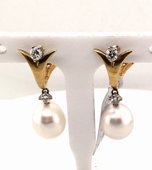 18ky/14kw Pearl and diamond drop earrings