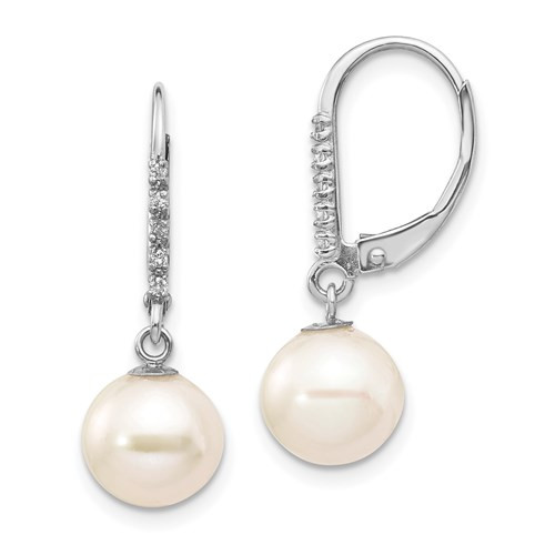 14kwg diamond and pearl drop dangle leverback earrings.