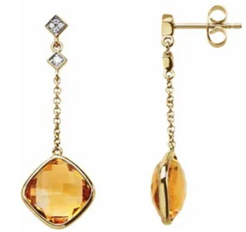 14kyg chain dangle Citrine/diamond accented post earrings