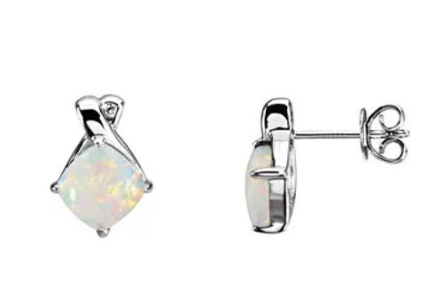 14kwg cushion white opal/diamond stud earrings