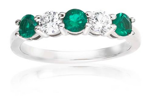 5 stone emerald & diamond shared prong band.