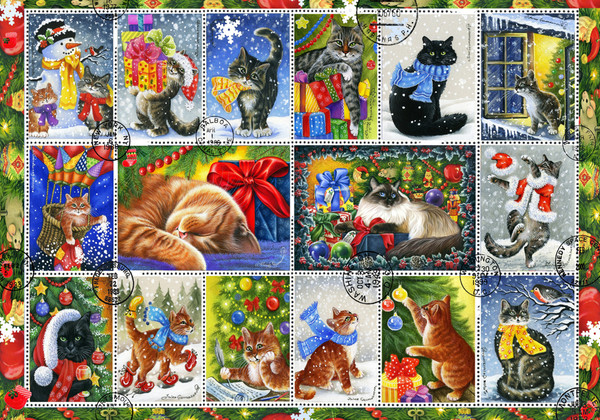 VC1136 | Christmas Cat Stamps Jigsaw Puzzle - 550 PC