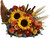 Dazzling sunflowers, light orange roses and spray roses, red daisy spray chrysanthemums, yellow cushion spray chrysanthemums, eucalyptus, magnolia leaves, cinnamon sticks and wheat are perfectly arranged in a wicker cornucopia. Now you know why cornucopia translates to the horn of plenty.