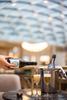 Copenhagen Sparkling Tea BLÅ chilled in a champagne glass at a fine-dining restaurant — alcohol-free